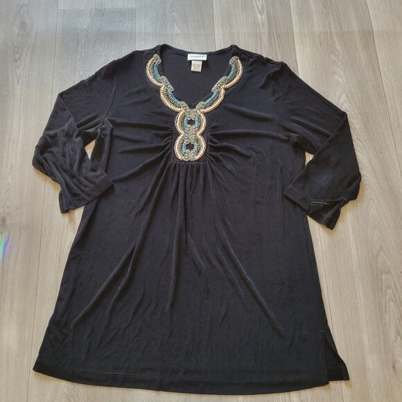 Chicos Travelers Black Tunic Dress With Turquoise Beaded Neckline Size 2 Large S - Picture 4 of 7